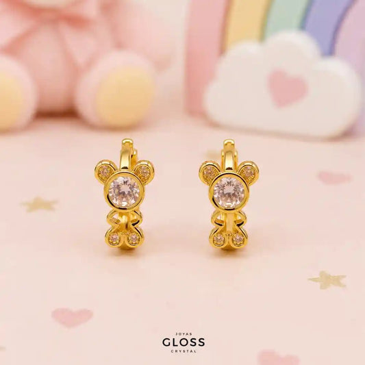 Aros Mini Argolla Teddy Bear Baño de Oro 18k - Joyas Gloss Crystal