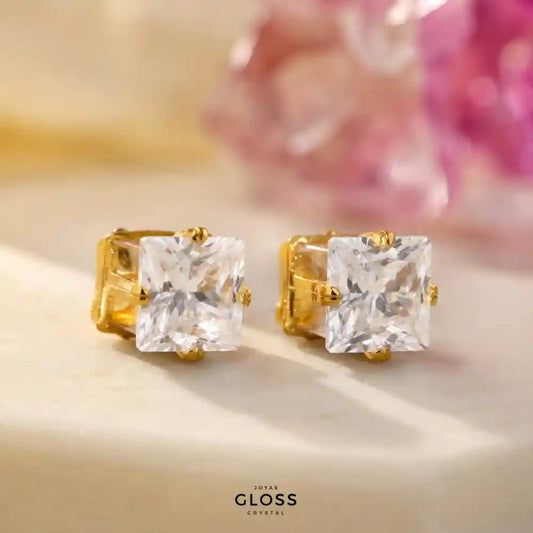 Aros Punto de Luz Cuadrado Baño de Oro 18k - Joyas Gloss Crystal