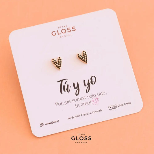 Aros Tú y Yo Black Heart Oro - Joyas Gloss Crystal