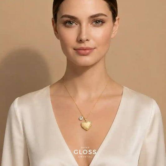 Collar Relicario Corazón Liso Oro 18k + Swarovski - Joyas Gloss Crystal