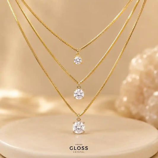 Collar Triple Destello Baño de Oro 18k - Joyas Gloss Crystal