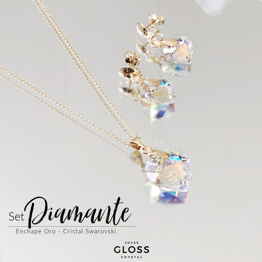 Joyero + Conjunto Diamante Aurora Boreal Oro Swarovski - Joyas Gloss Crystal