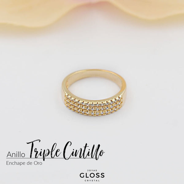 Anillo Triple Cintillo enchape Oro 18k - Joyas Gloss Crystal