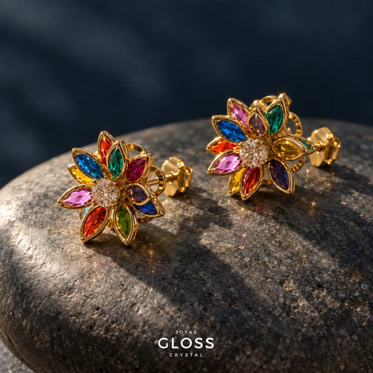 Aros Flor Lotus Colorido Oro 18k