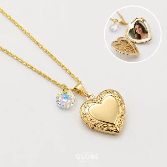 Collar Relicario Corazón Liso Oro 18k + Swarovski