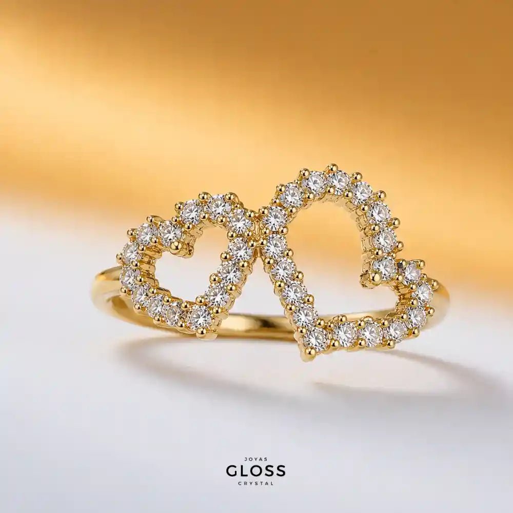 Anillo Amor Amor Doble Corazón Baño de Oro 18k - Joyas Gloss Crystal