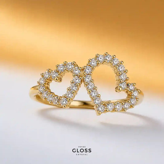 Anillo Amor Amor Doble Corazón Baño de Oro 18k - Joyas Gloss Crystal
