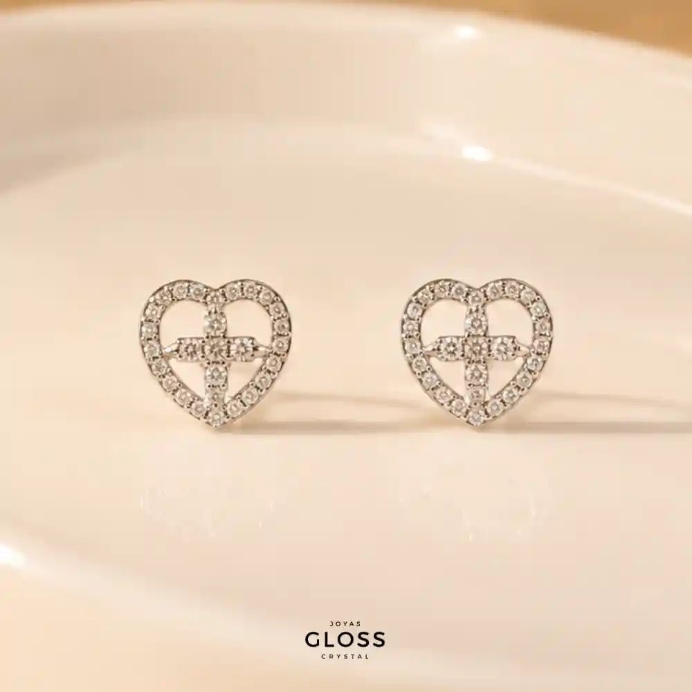 Aros Corazón Cruz Plata - Joyas Gloss Crystal