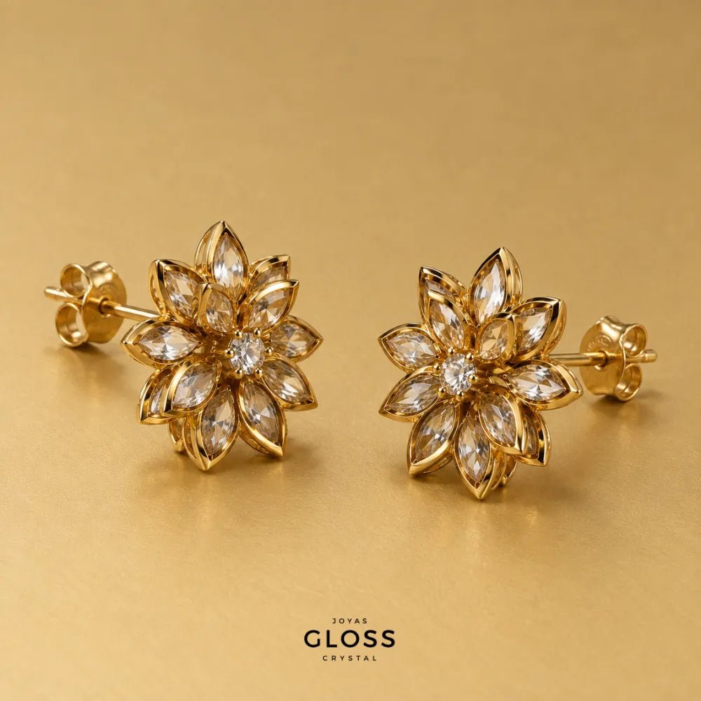 Aros Flor de Lotus Crystal Oro 18k - Joyas Gloss Crystal
