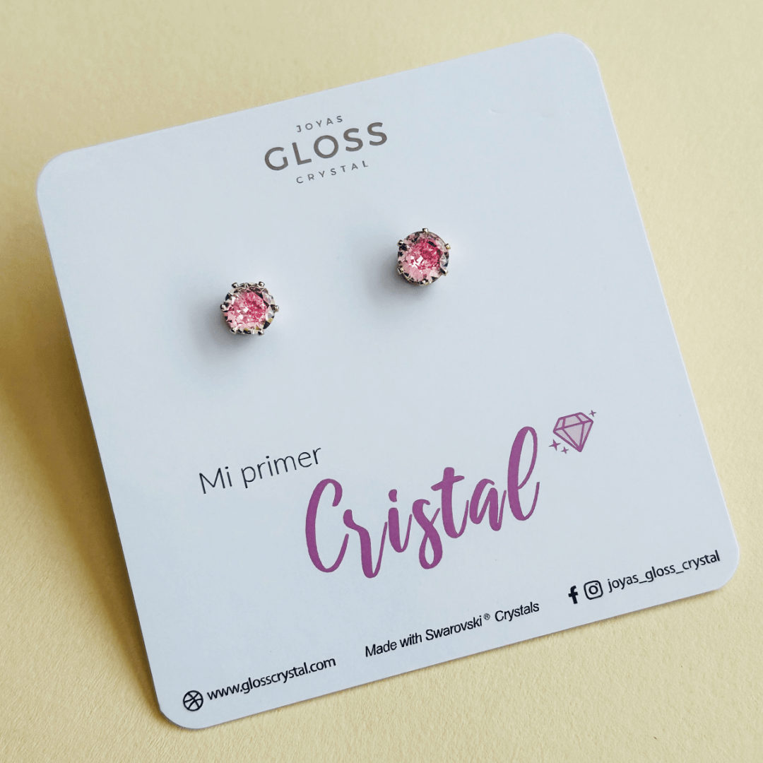 Aros Mi Primer Cristal Rosado - Joyas Gloss Crystal