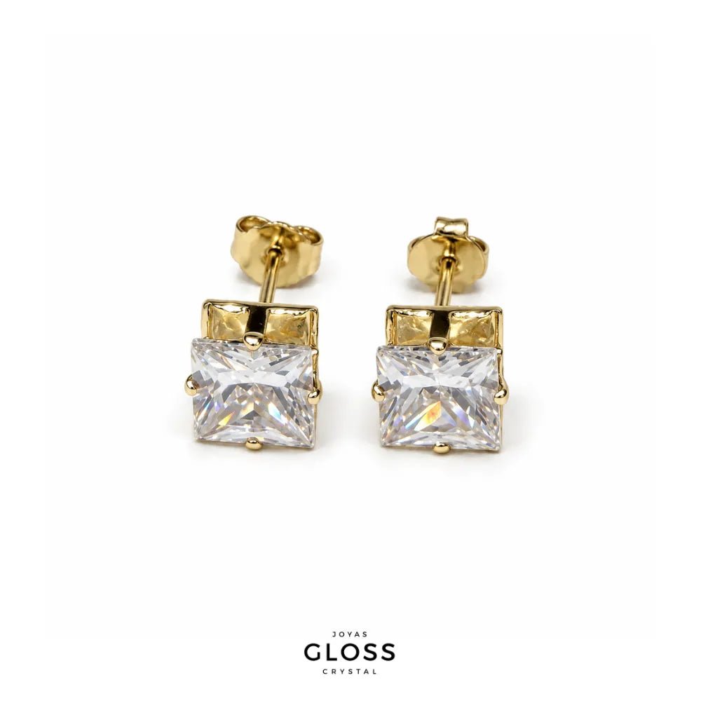 Aros Punto de Luz Cuadrado Baño de Oro 18k - Joyas Gloss Crystal
