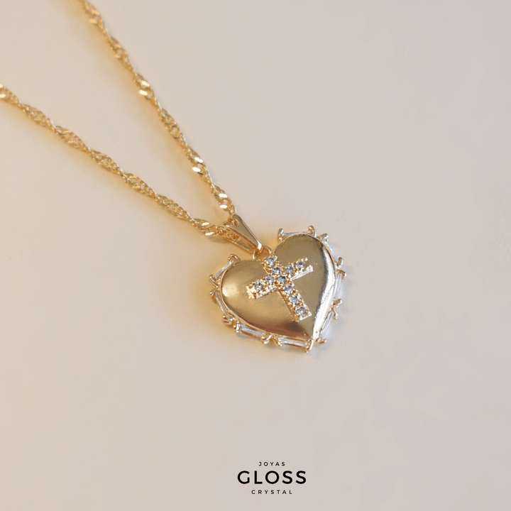 Collar Corazón Cruz Baño de Oro - Joyas Gloss Crystal