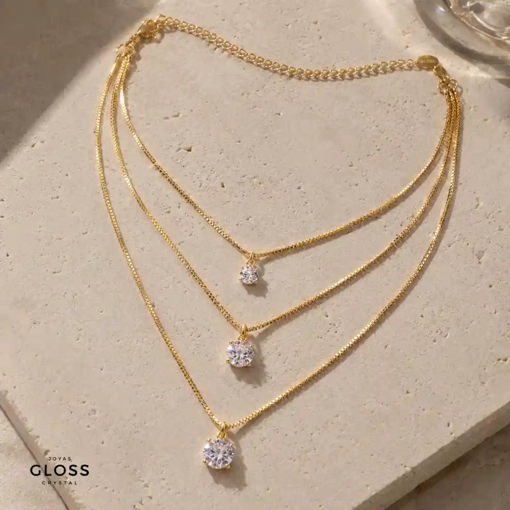 Collar Triple Destello Baño de Oro 18k - Joyas Gloss Crystal
