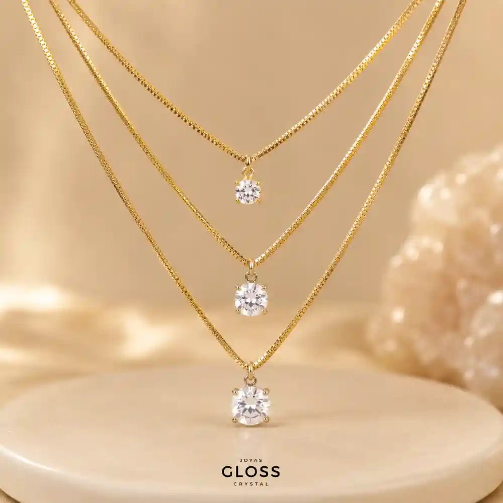 Collar Triple Destello Baño de Oro 18k - Joyas Gloss Crystal