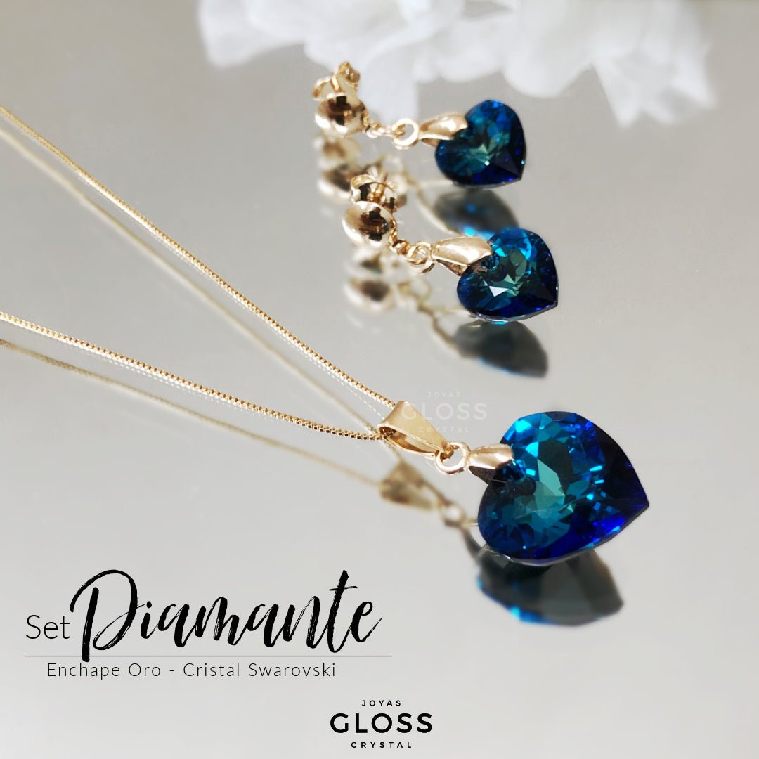 Joyero + Conjunto Diamante Blue Oro Swarovski - Joyas Gloss Crystal