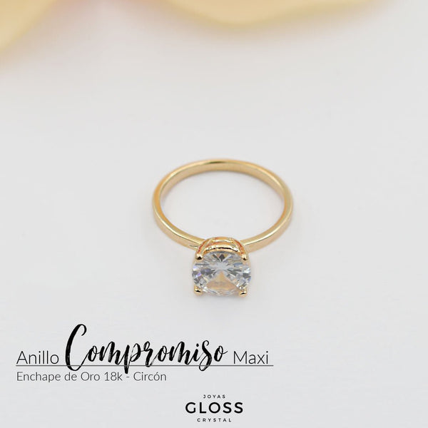 Anillo Compromiso Circón Maxi Enchape Oro 18k. - Joyas Gloss Crystal