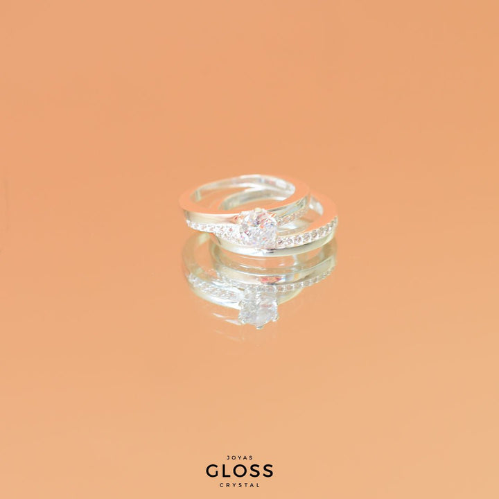 Anillo Doble Alianza Solitario Plata 925 - Joyas Gloss Crystal