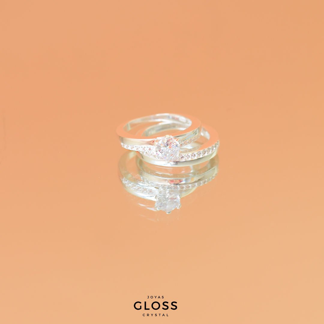 Anillo Doble Alianza Solitario Plata 925 - Joyas Gloss Crystal