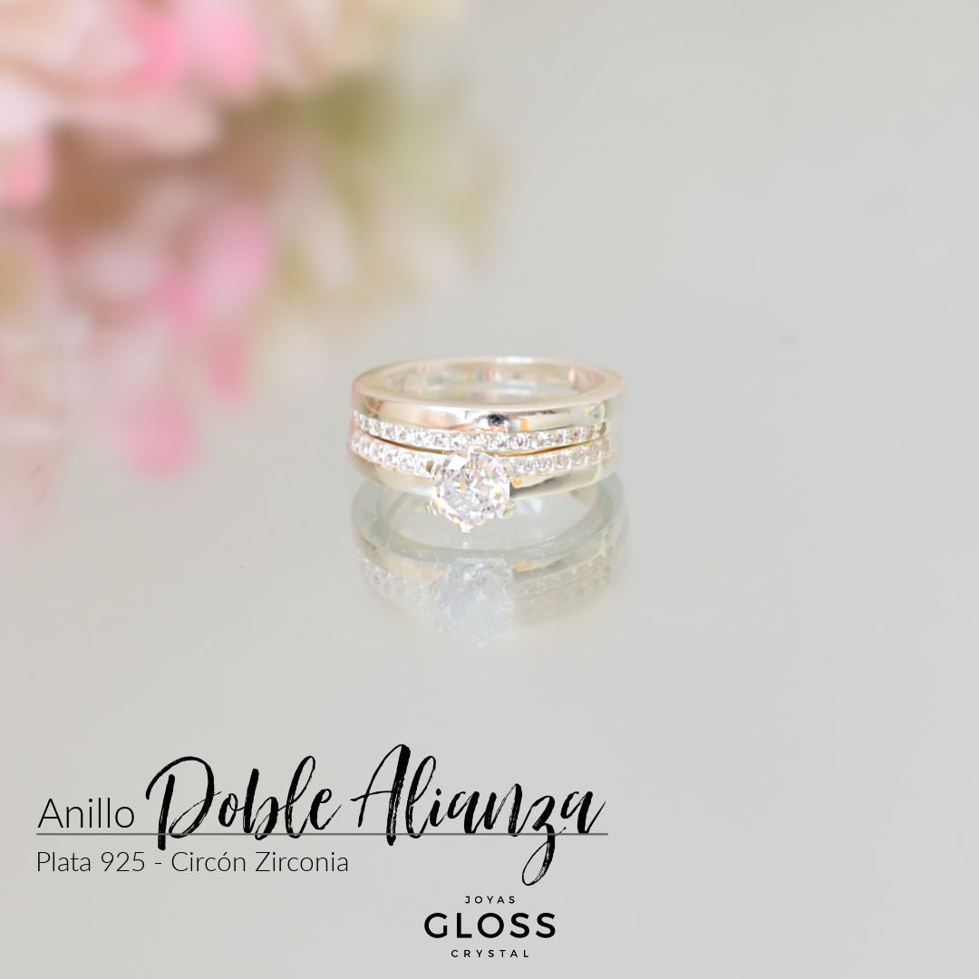 Anillo Doble Alianza Solitario Plata 925 - Joyas Gloss Crystal