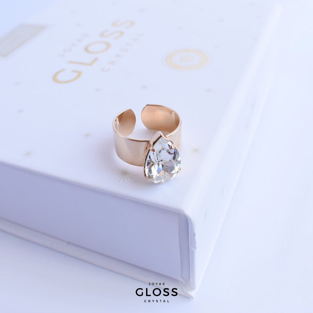 Anillo Gota Grande Crystal Baño de Oro - Joyas Gloss Crystal