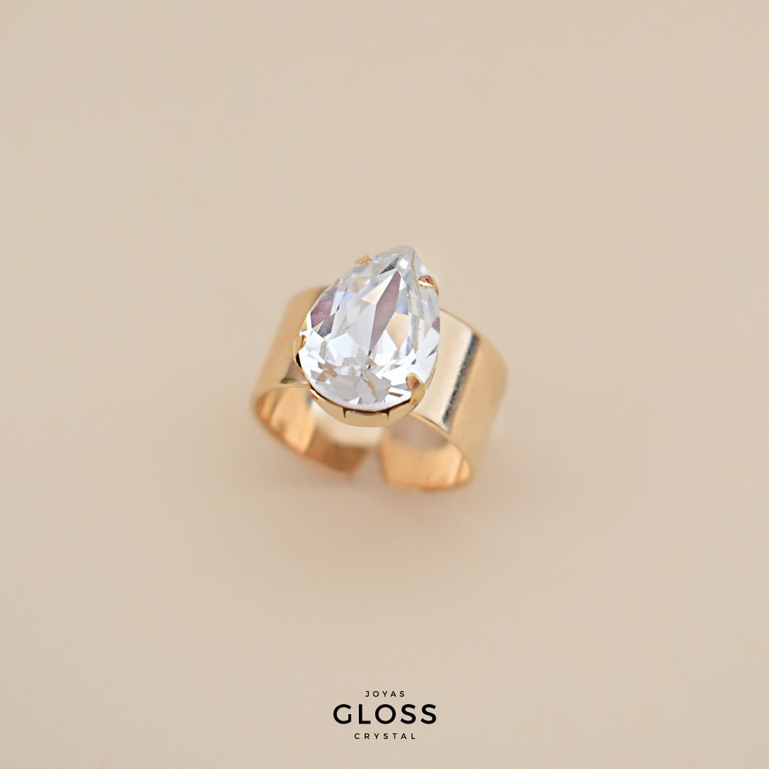 Anillo Gota Grande Crystal Baño de Oro - Joyas Gloss Crystal