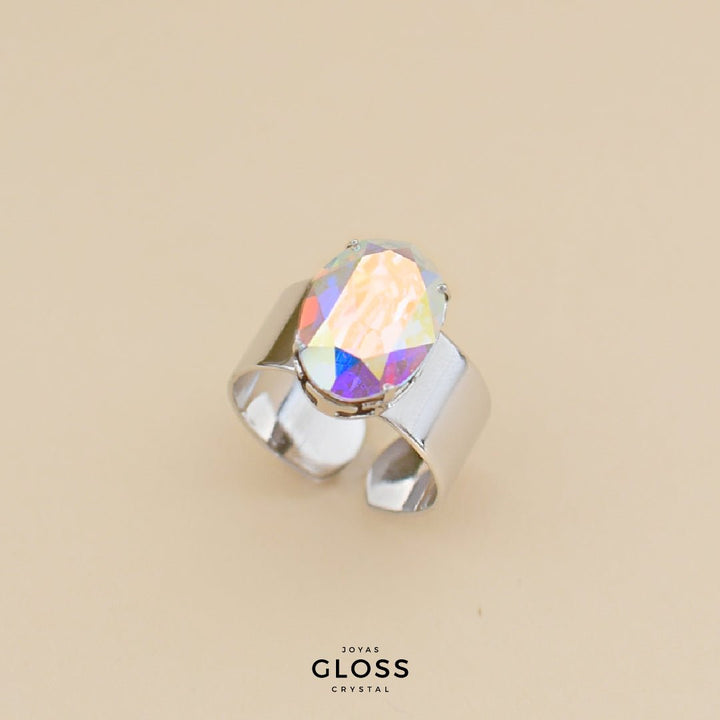 Anillo Ovalo Aurora Boreal Rodinado Plateado - Joyas Gloss Crystal