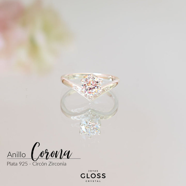 Anillo Solitario Corona Circón Plata 925 - Joyas Gloss Crystal