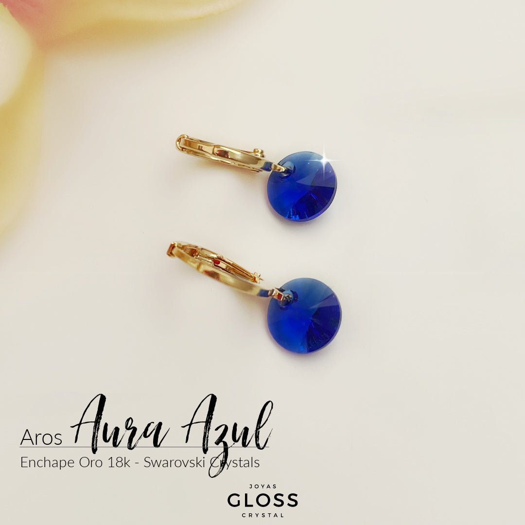 Aros Aura Azul Oro Cristal Genuino - Joyas Gloss Crystal