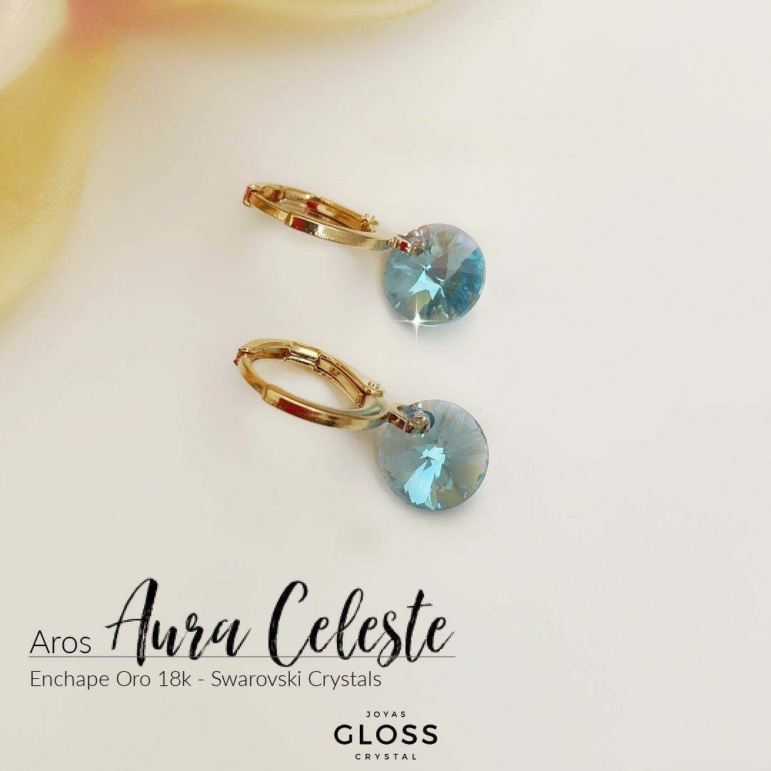 Aros Aura Celeste Oro Cristal Genuino - Joyas Gloss Crystal