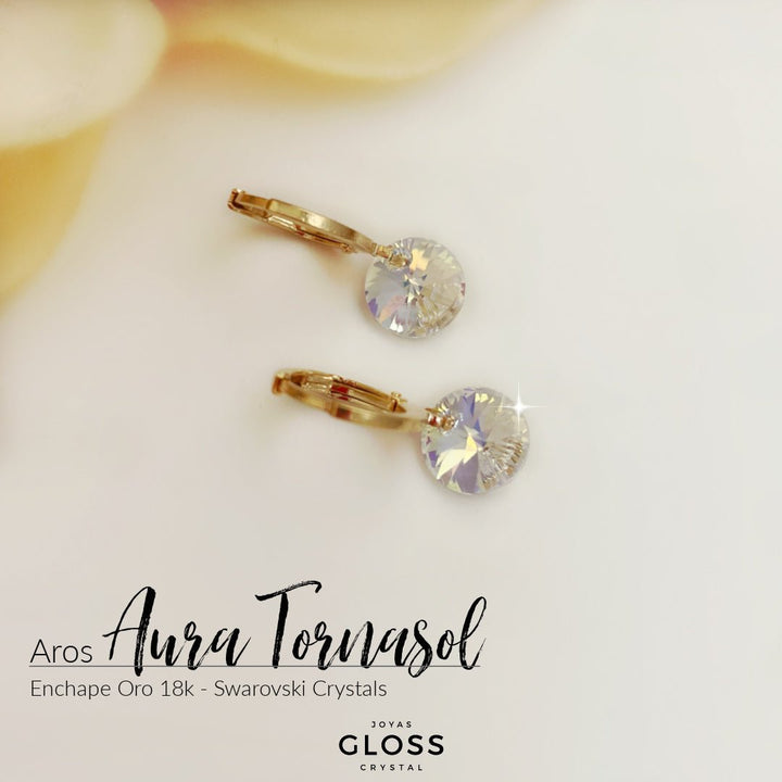 Aros Aura Tornasol Oro Cristal Genuino - Joyas Gloss Crystal