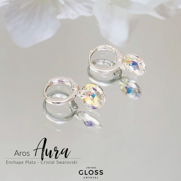 Aros Aura Tornasol Plata Cristal Genuino - Joyas Gloss Crystal