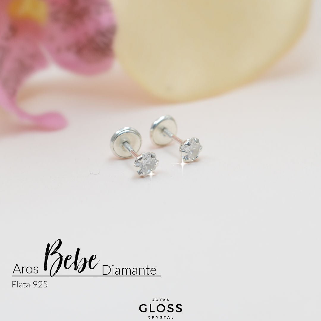 Aros Bebe Plata Redondo Diamante 4mm - Joyas Gloss Crystal