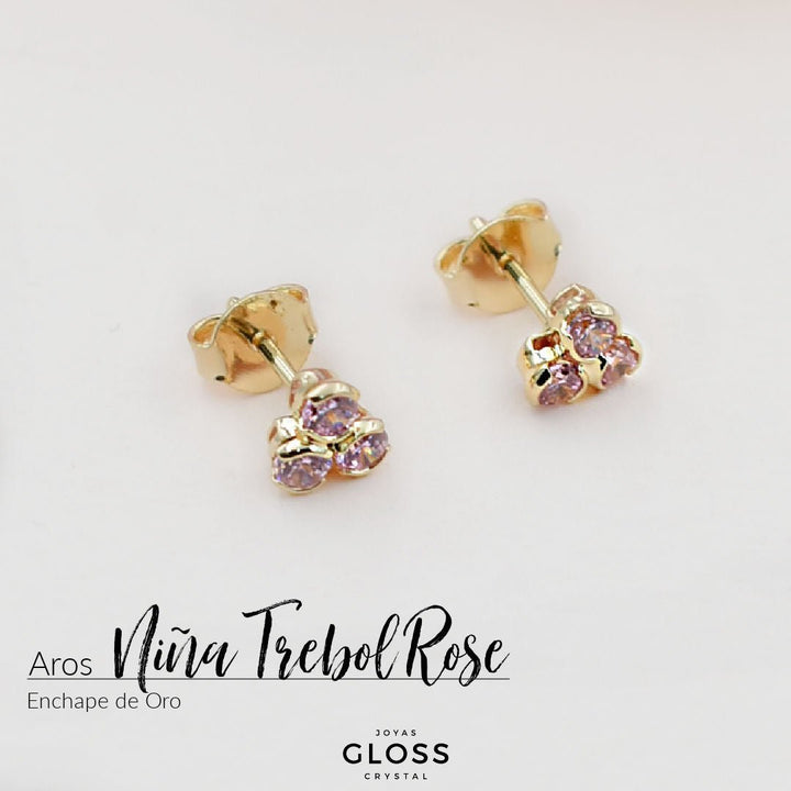 Aros Niña Trébol Rosé - Joyas Gloss Crystal