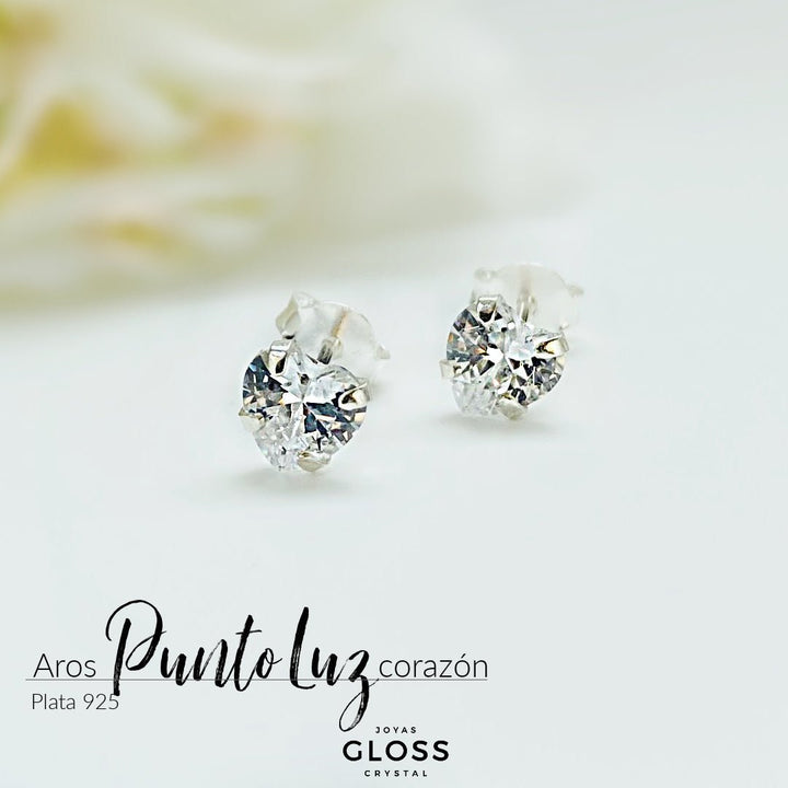 Aros Punto Luz Corazón Plata - Joyas Gloss Crystal