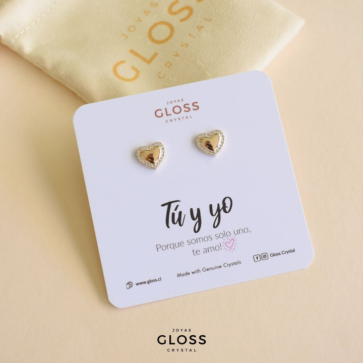 Aros Tu y yo corazón Oro - Joyas Gloss Crystal